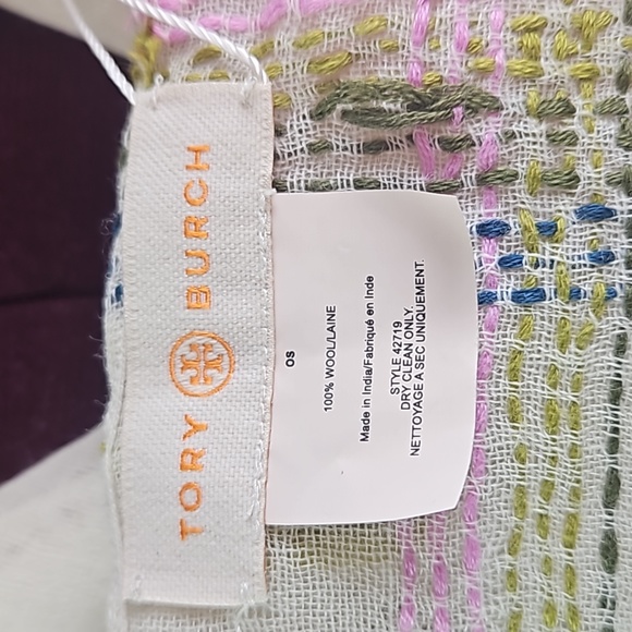 Tory Burch | NWT Women's Wool Tassel Fringe Embroidered Blanket Stitch Scarf - Picture 8 of 11